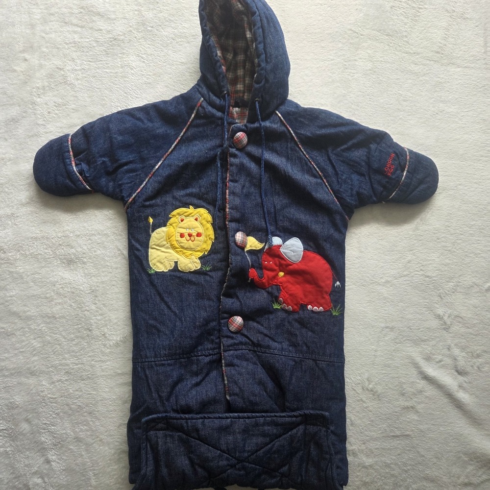 Vtg London Fog Baby Bunting Coat 0-6 Months Denim Hooded Pouch Plaid Animals